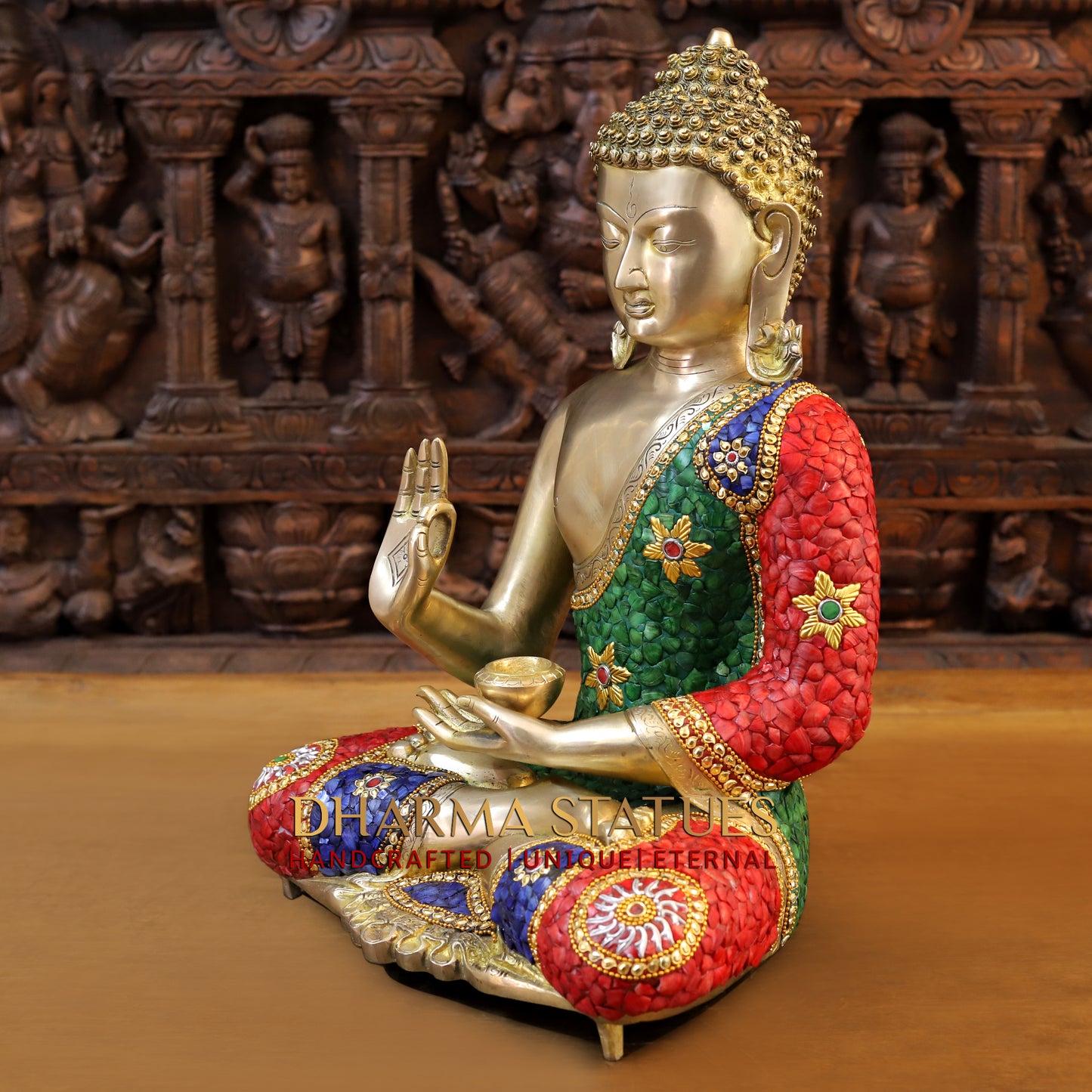 Brass Buddha seated in Blessing Posture, Stonework & Golden Finish, 20"