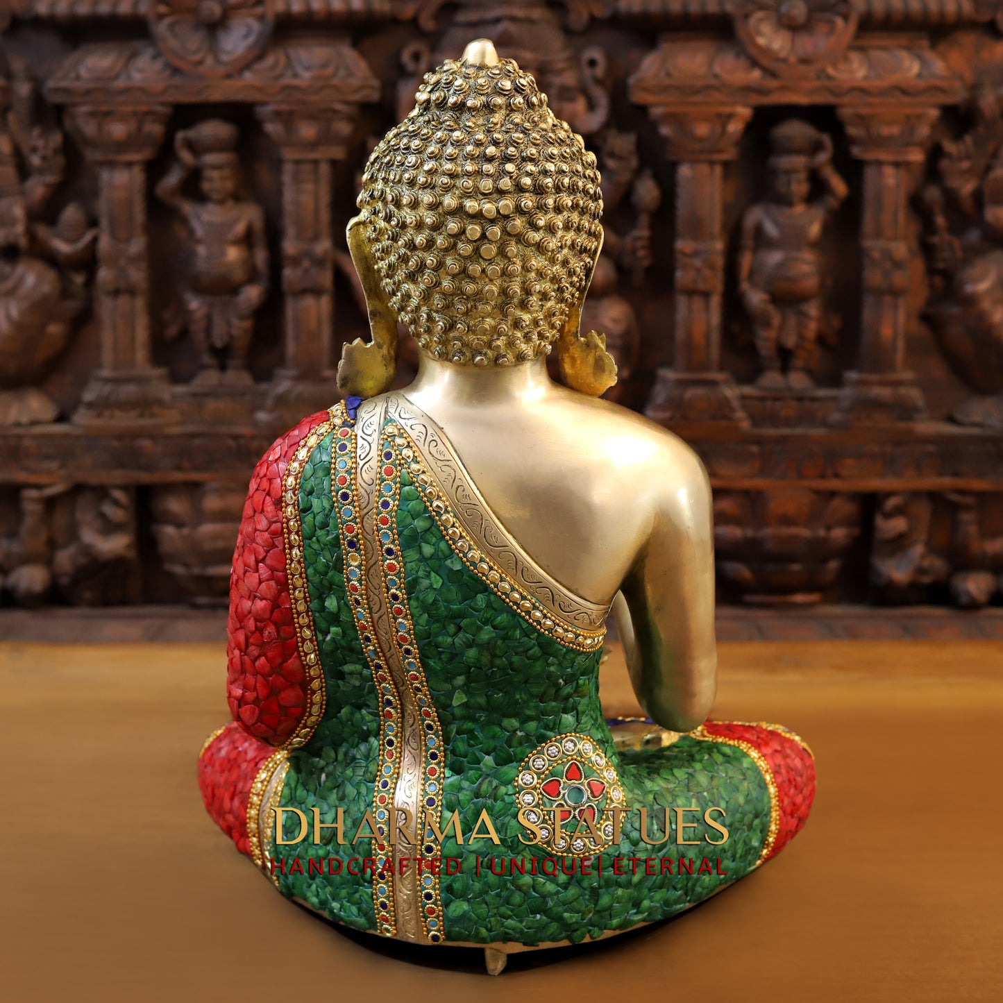 Brass Buddha seated in Blessing Posture, Stonework & Golden Finish, 20"