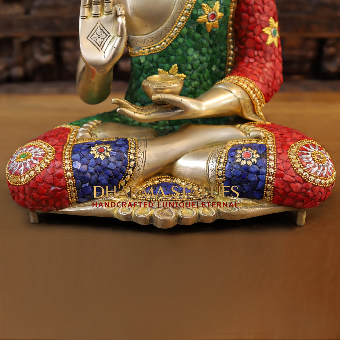 Brass Buddha seated in Blessing Posture, Stonework & Golden Finish, 20"