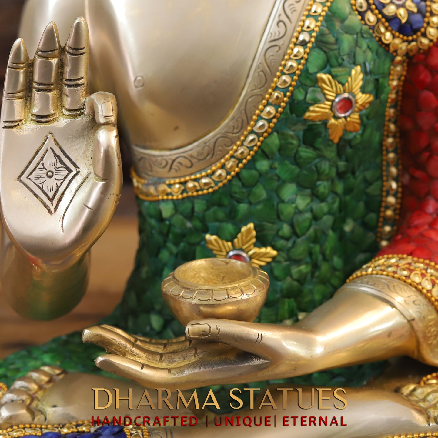 Brass Buddha seated in Blessing Posture, Stonework & Golden Finish, 20"