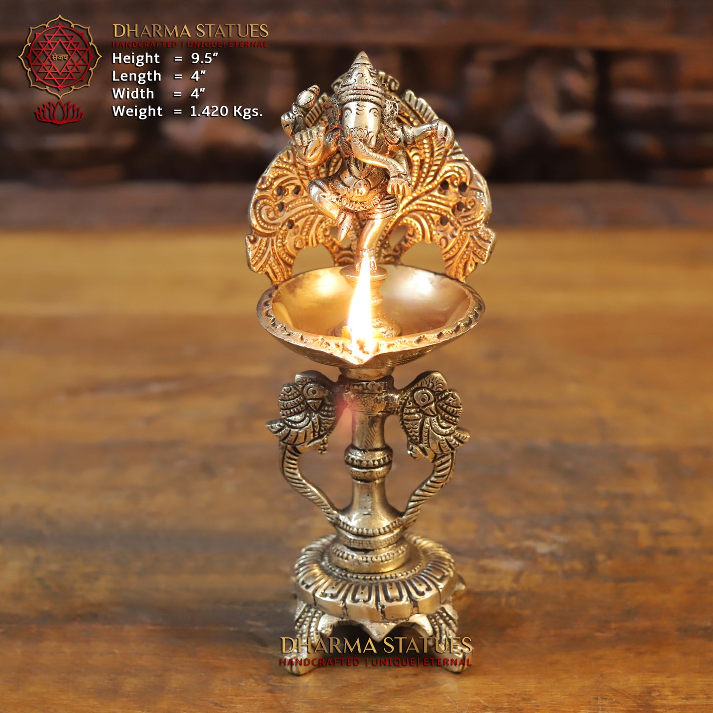 Brass Ganesh Diya, Golden Finish, 9.5"