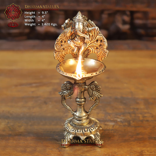 Brass Ganesh Diya, Golden Finish, 9.5"