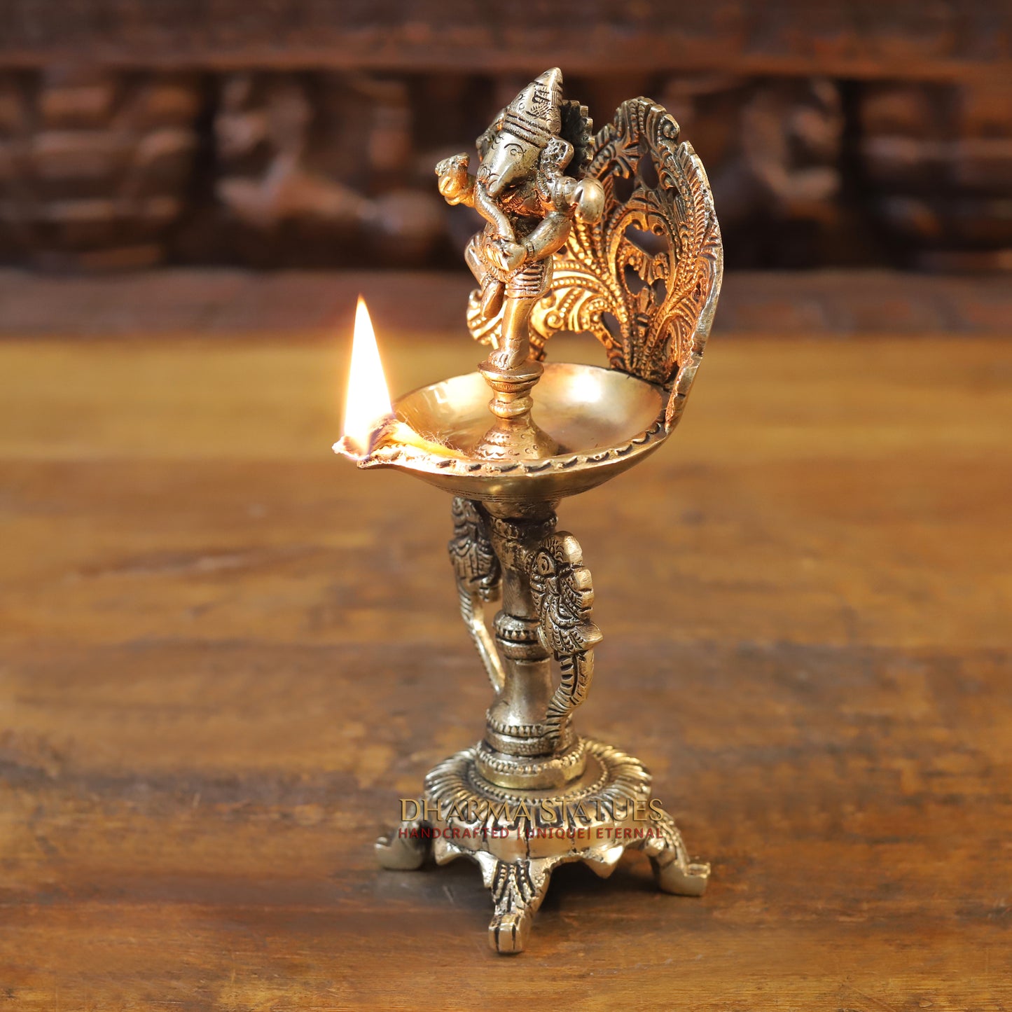 Brass Ganesh Diya, Golden Finish, 9.5"