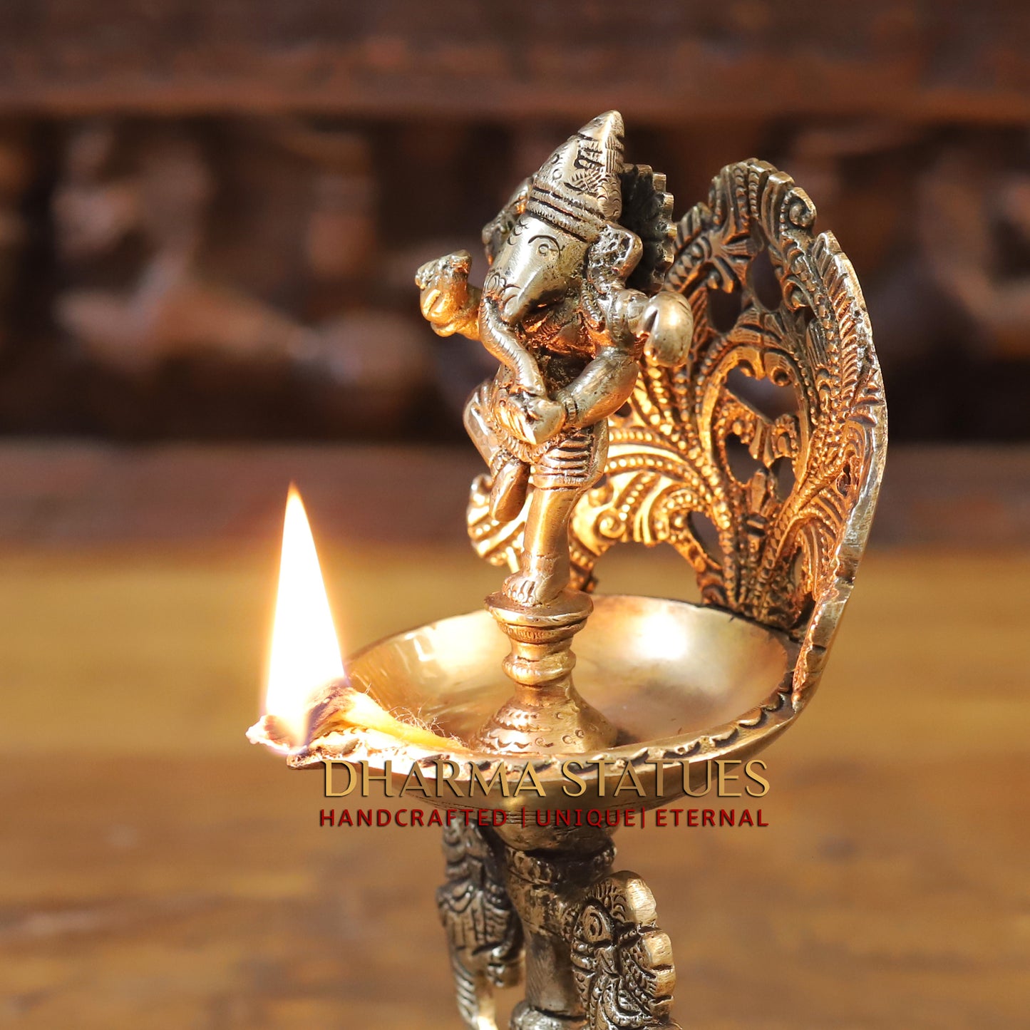 Brass Ganesh Diya, Golden Finish, 9.5"