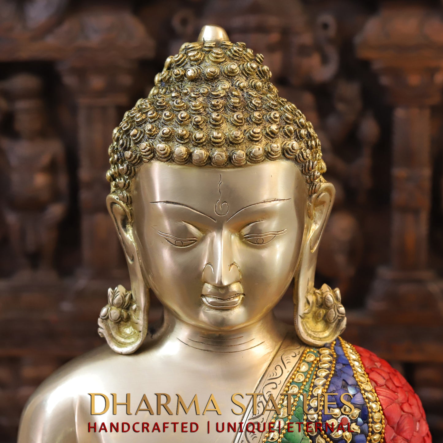 Brass Buddha seated in Blessing Posture, Stonework & Golden Finish, 20"