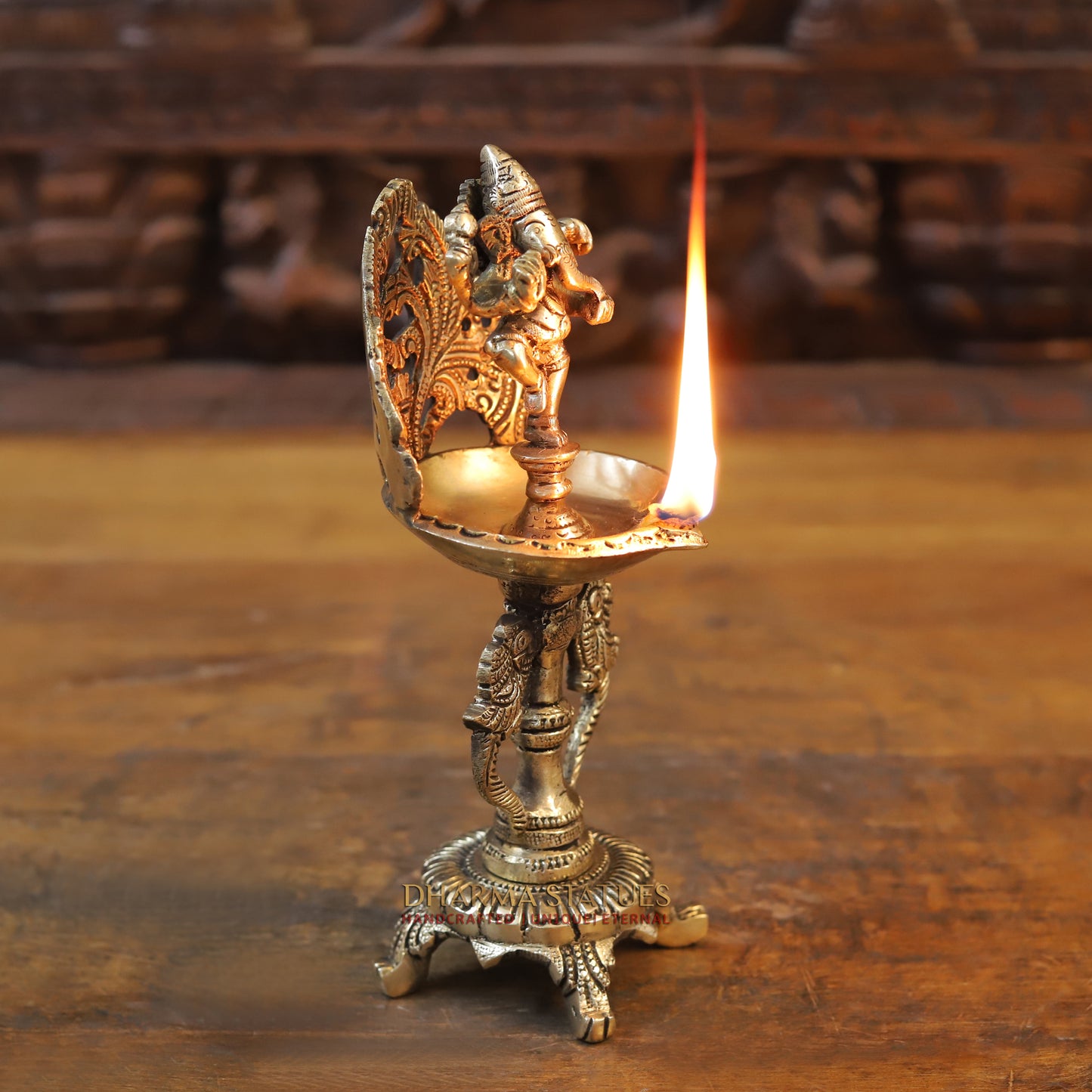 Brass Ganesh Diya, Golden Finish, 9.5"