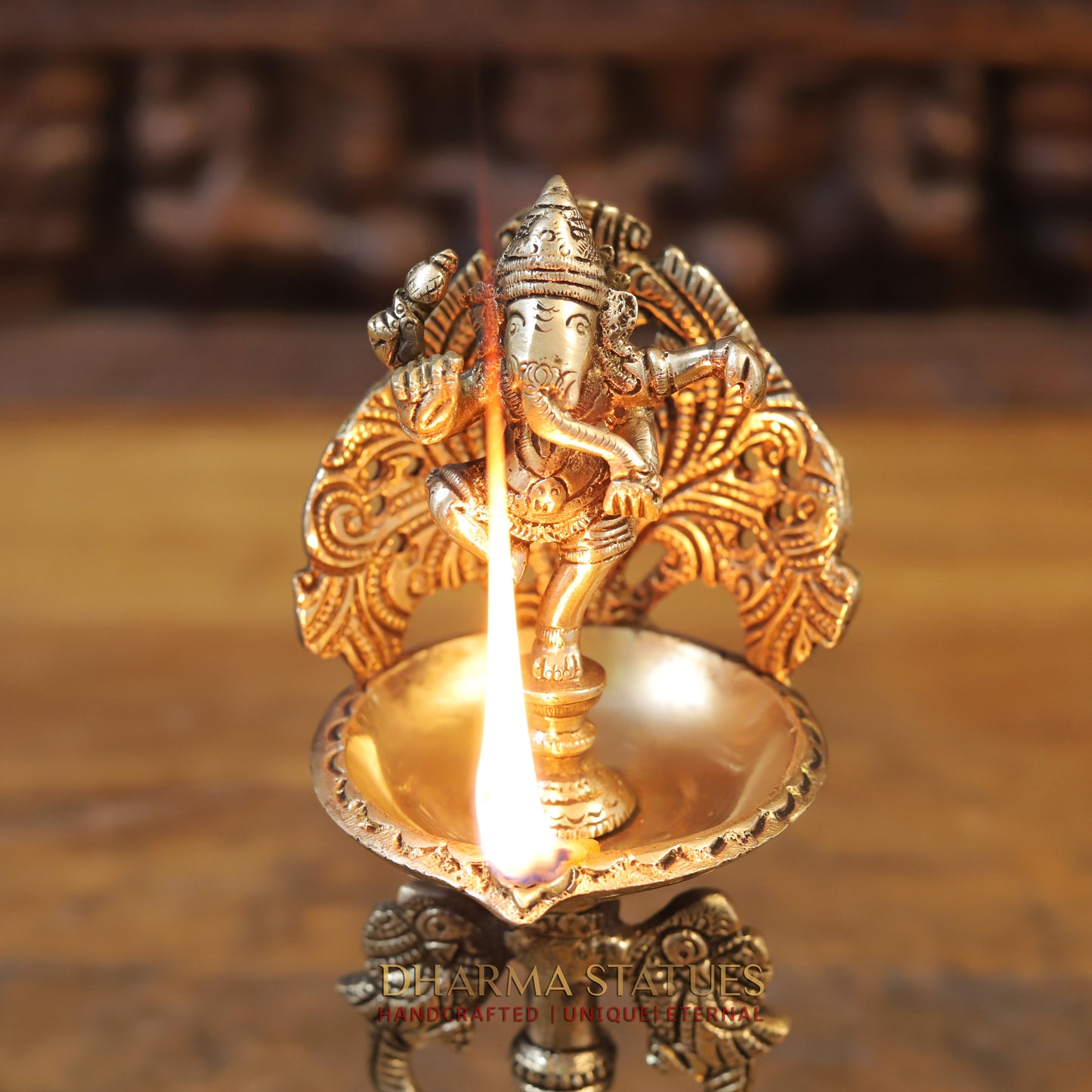 Brass Ganesh Diya, Golden Finish, 9.5"