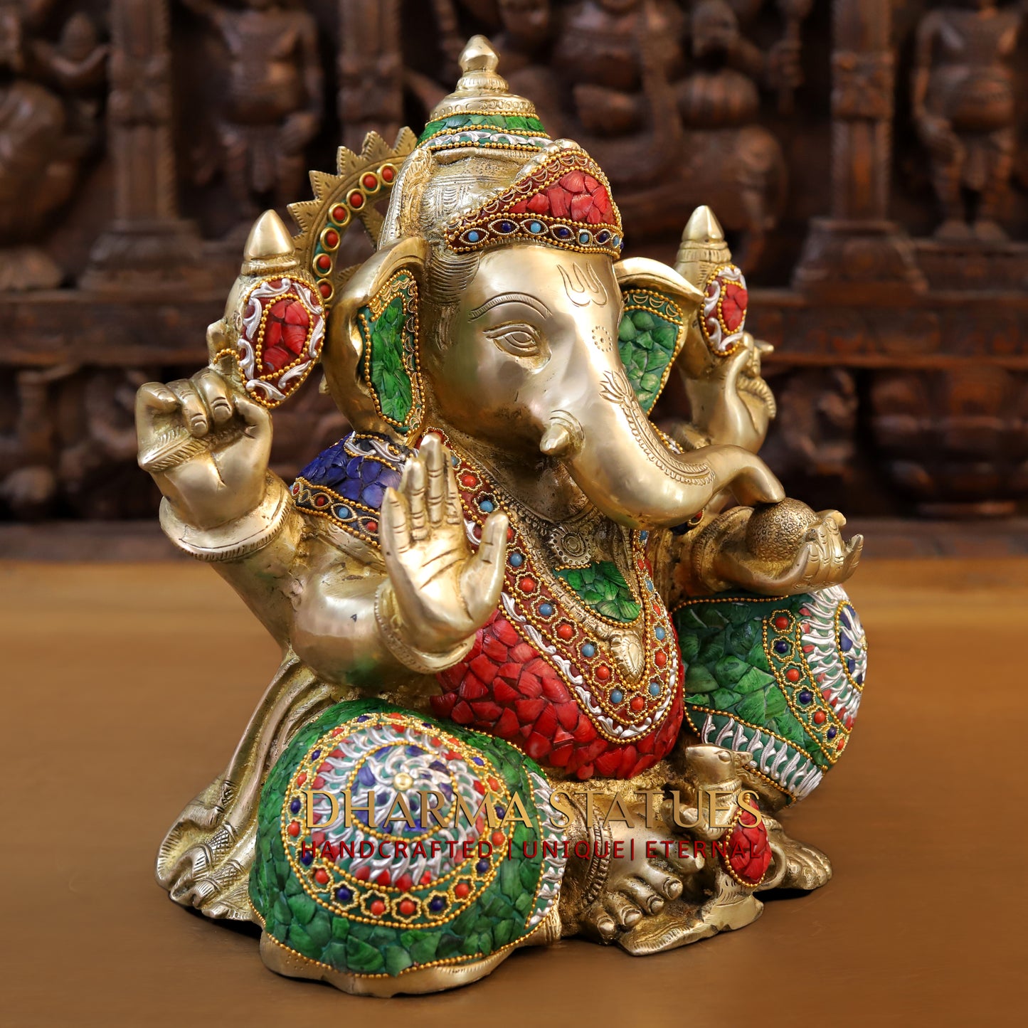 Brass Ganesh seated in Blessing Posture, Stonework & Golden Finish, 13.5"