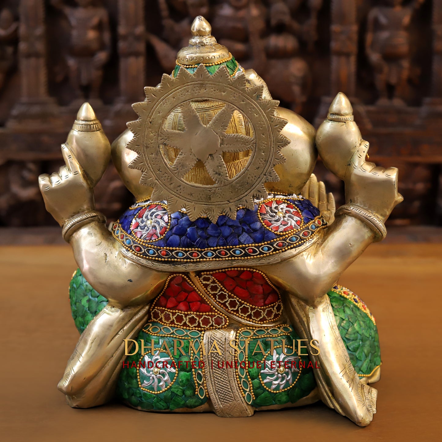 Brass Ganesh seated in Blessing Posture, Stonework & Golden Finish, 13.5"