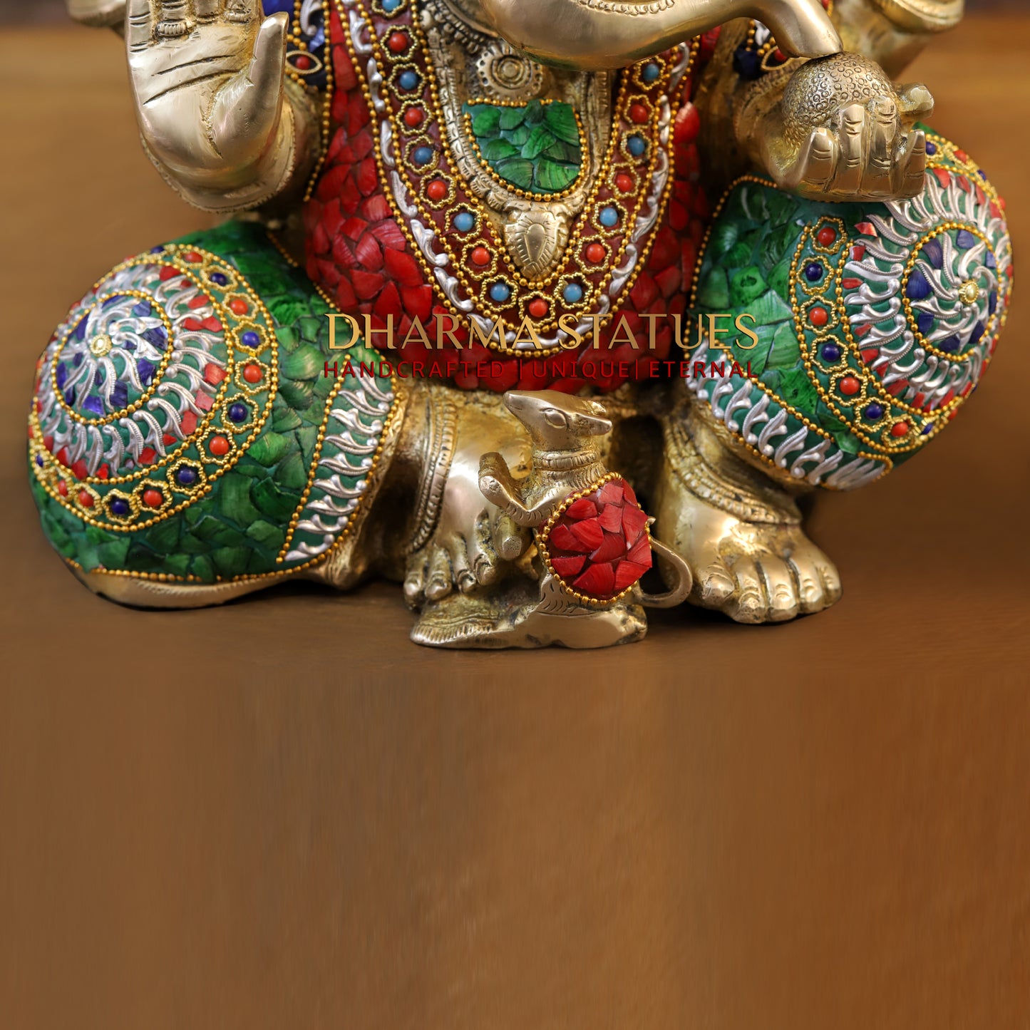 Brass Ganesh seated in Blessing Posture, Stonework & Golden Finish, 13.5"