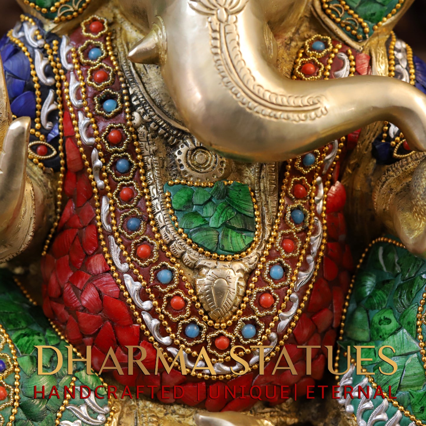 Brass Ganesh seated in Blessing Posture, Stonework & Golden Finish, 13.5"