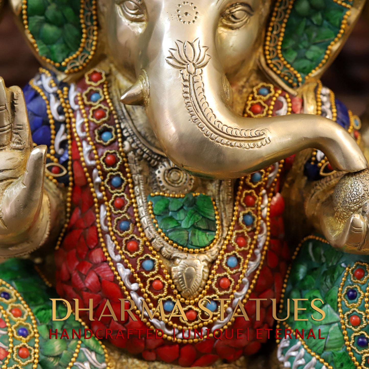 Brass Ganesh seated in Blessing Posture, Stonework & Golden Finish, 13.5"