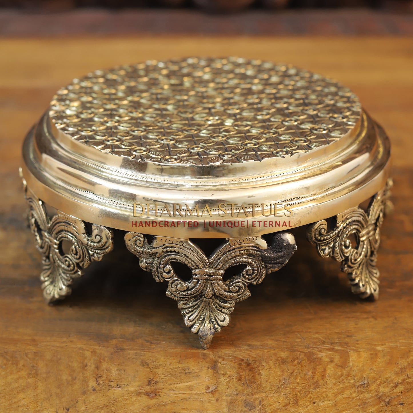 Brass Chowki for Pooja, Golden Finish, 4.5"