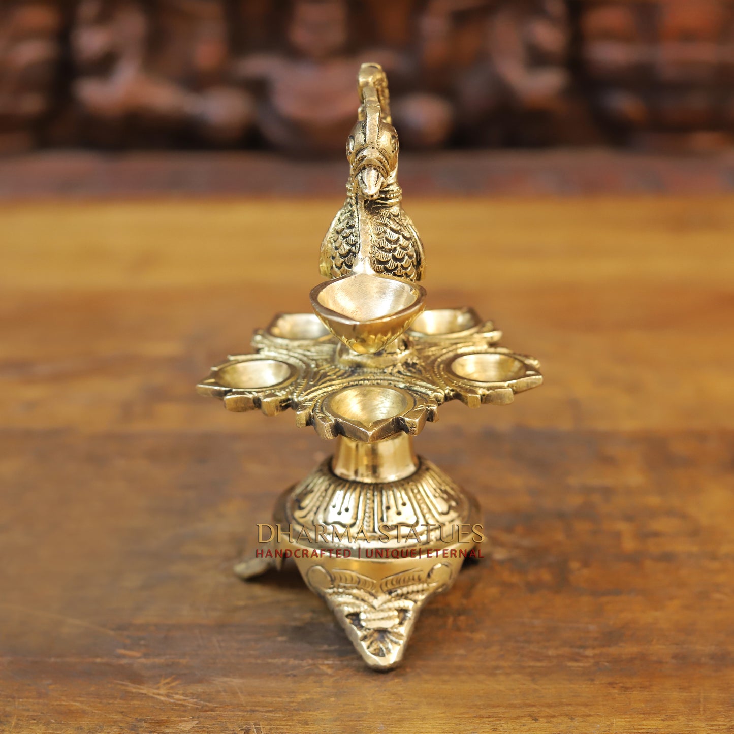 Brass Peacock Oil Lamp, Golden Finish, 7.5"