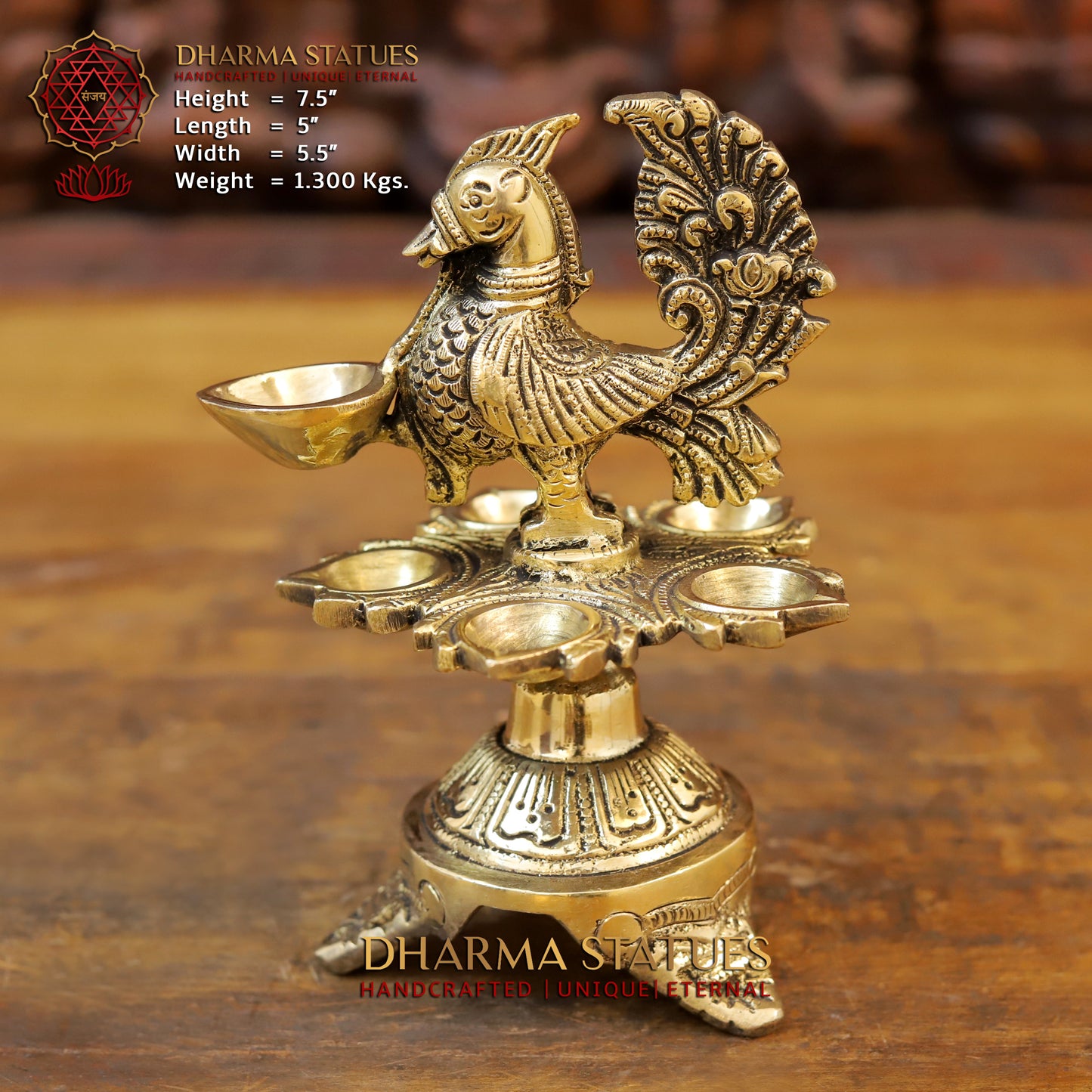 Brass Peacock Oil Lamp, Golden Finish, 7.5"
