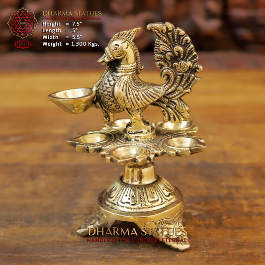Brass Peacock Oil Lamp, Golden Finish, 7.5"