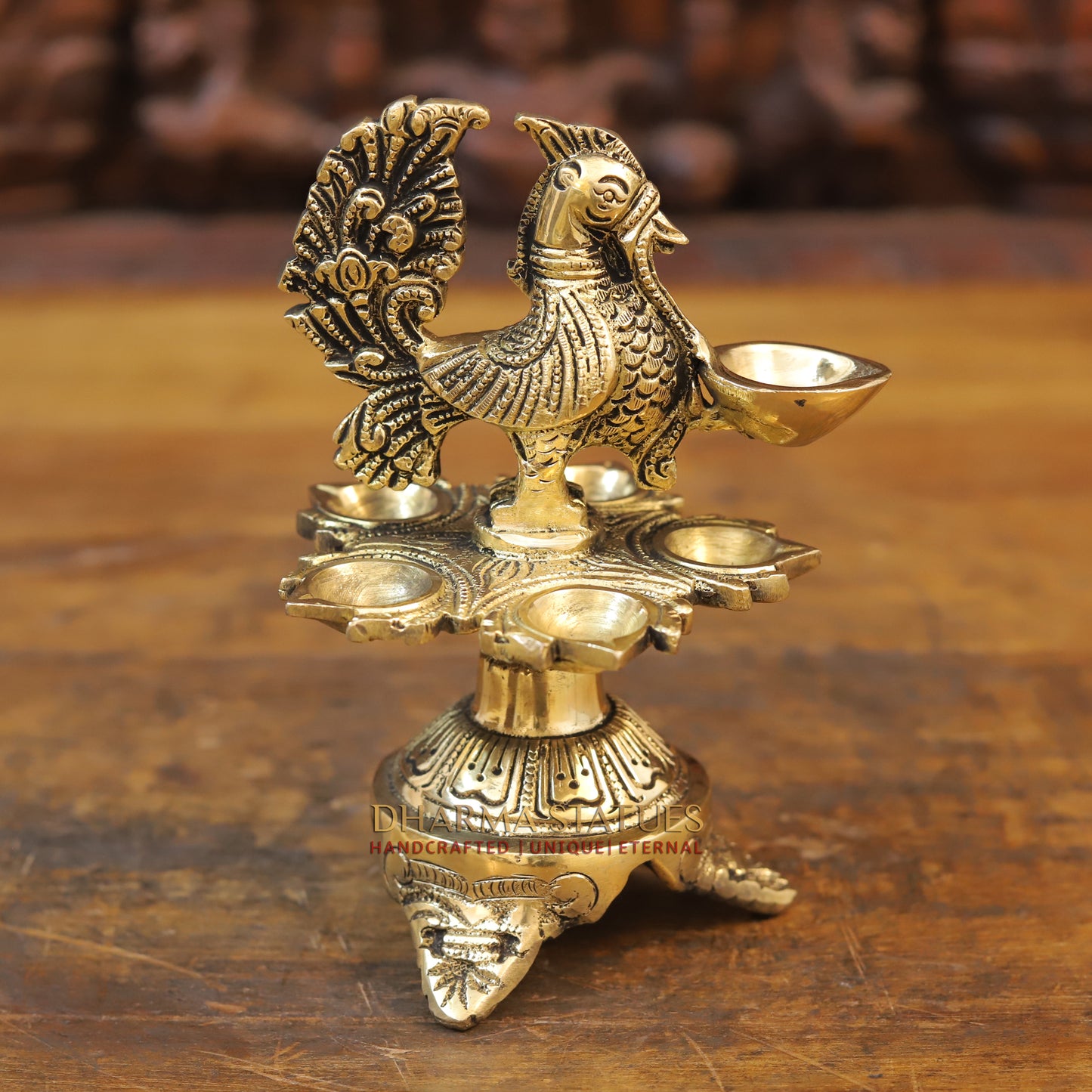 Brass Peacock Oil Lamp, Golden Finish, 7.5"