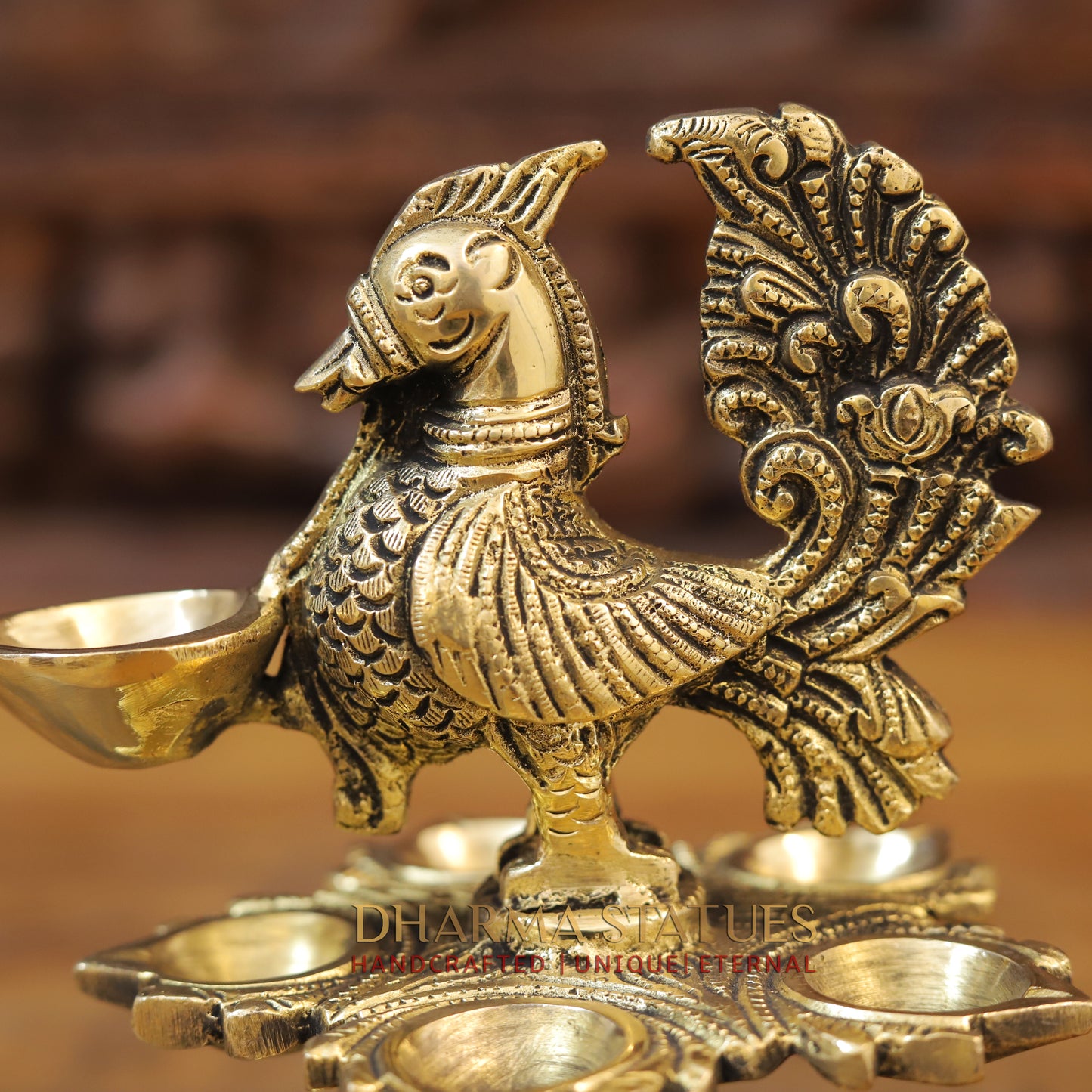 Brass Peacock Oil Lamp, Golden Finish, 7.5"