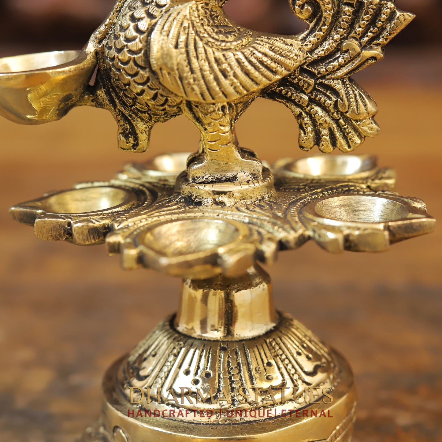 Brass Peacock Oil Lamp, Golden Finish, 7.5"