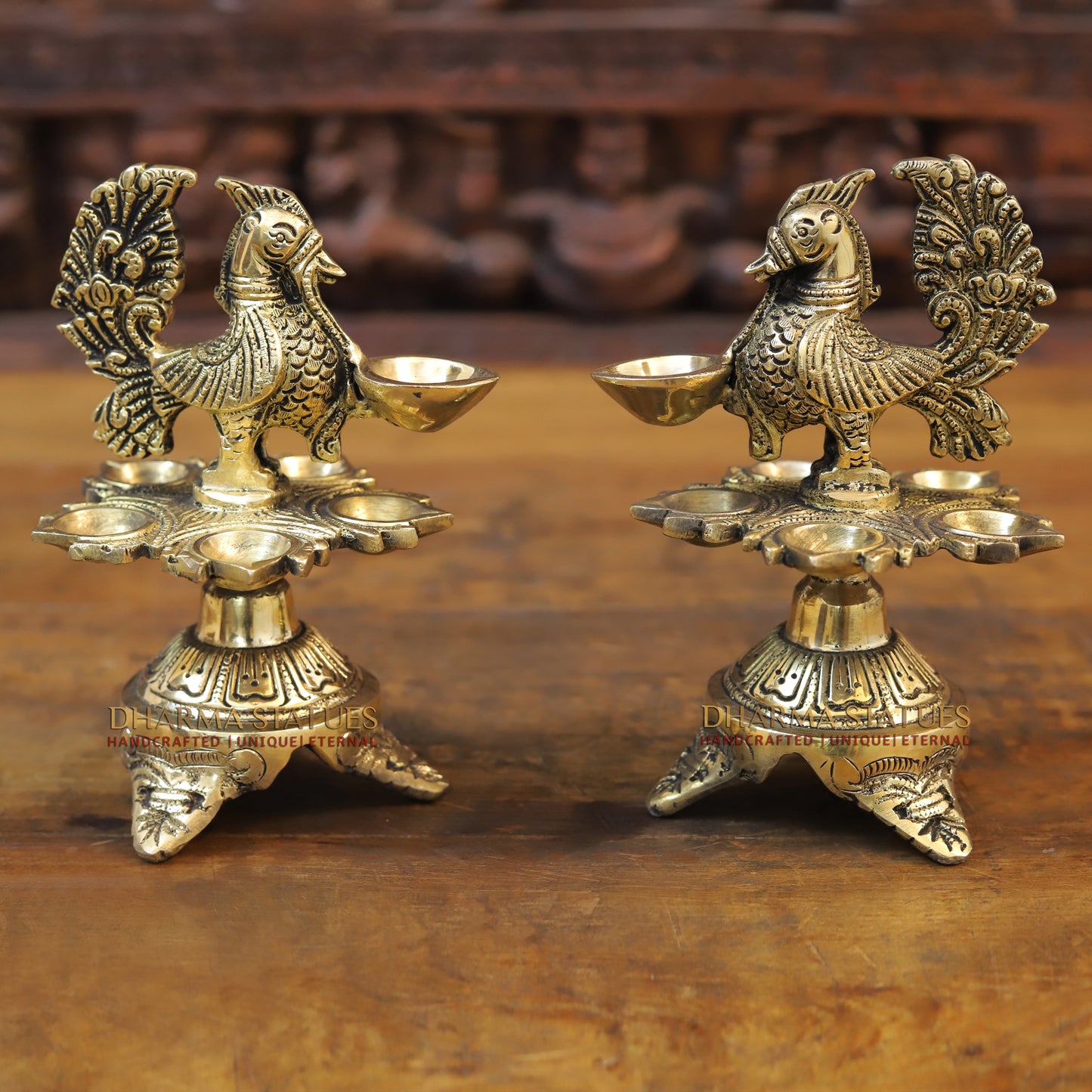 Brass Peacock Oil Lamp, Golden Finish, 7.5"