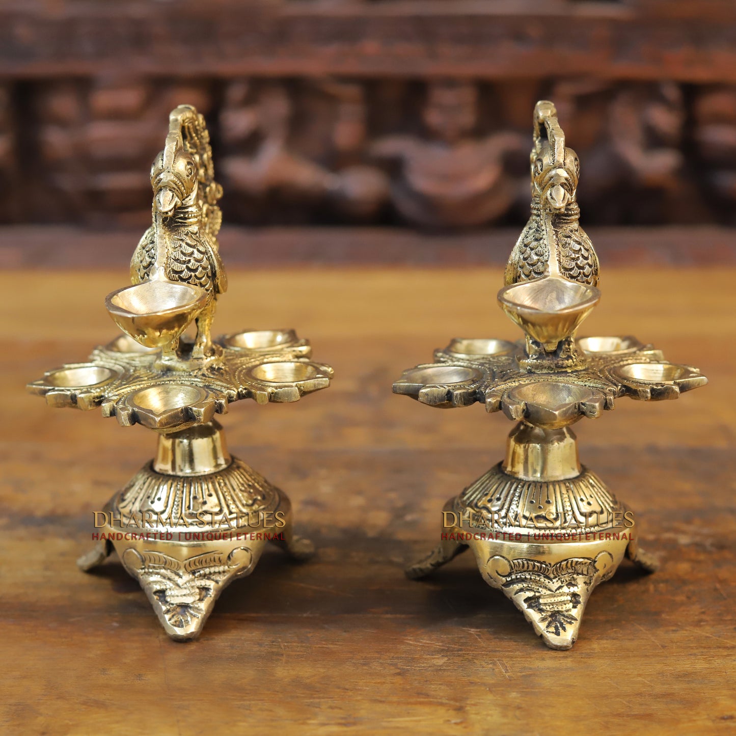 Brass Peacock Oil Lamp, Golden Finish, 7.5"