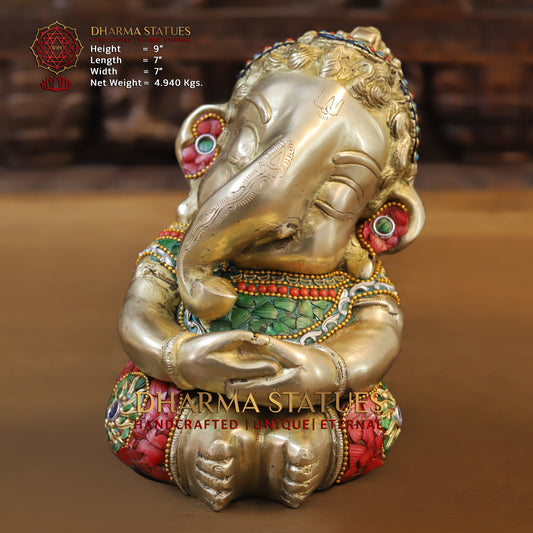 Brass Baby Ganesh seated, Stonework & Golden Finish, 9"