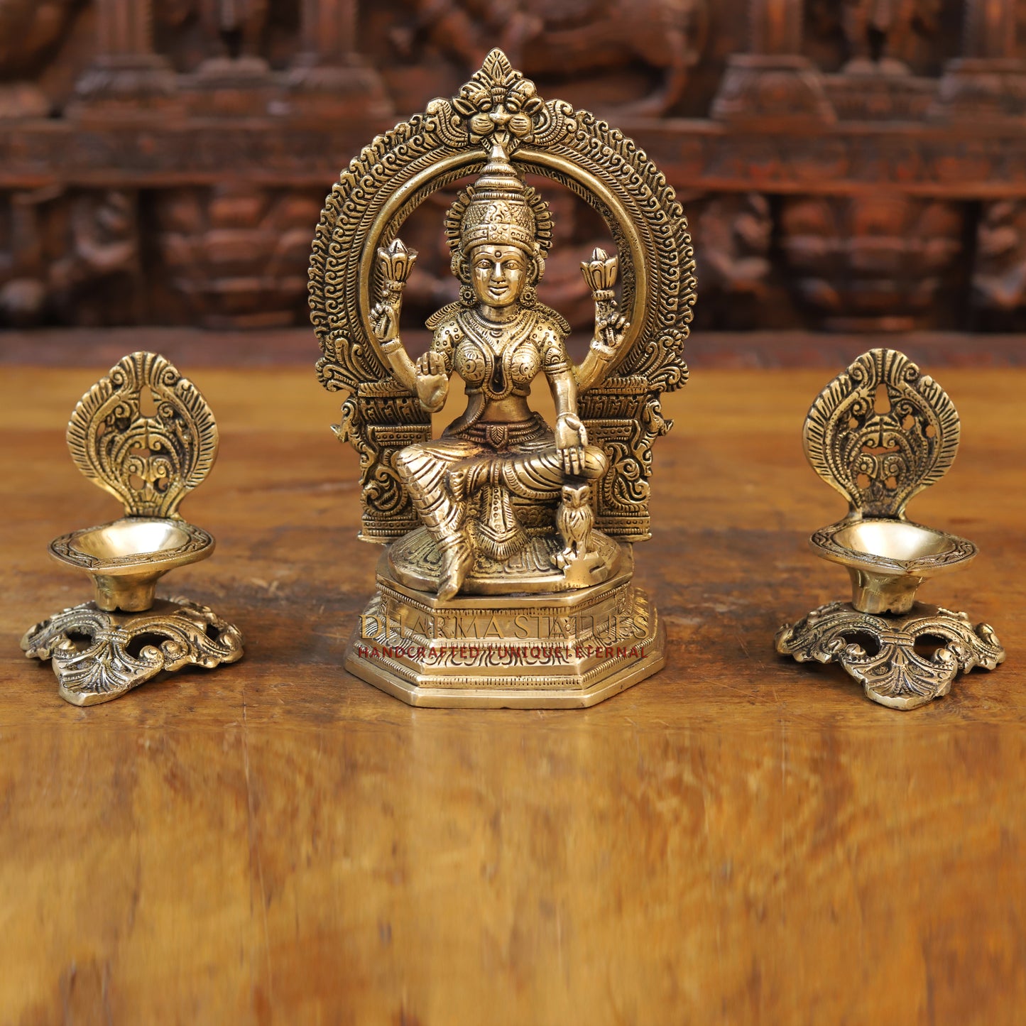 Brass Laxmi seated with Frame, Blessing Posture, Golden Finish, 10"