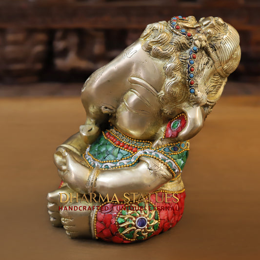 Brass Baby Ganesh seated, Stonework & Golden Finish, 9"