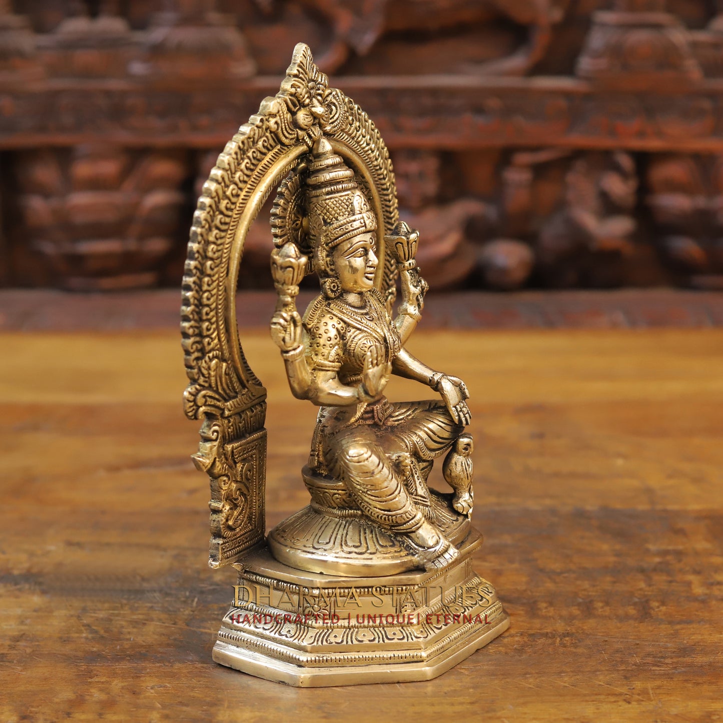 Brass Laxmi seated with Frame, Blessing Posture, Golden Finish, 10"