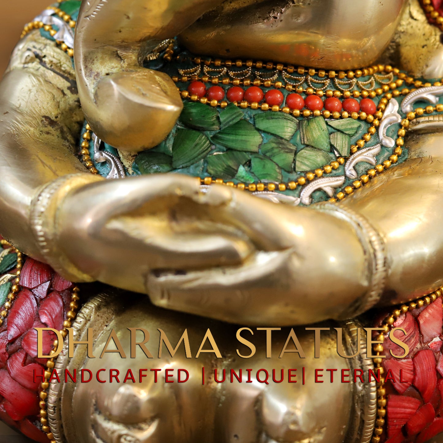 Brass Baby Ganesh seated, Stonework & Golden Finish, 9"