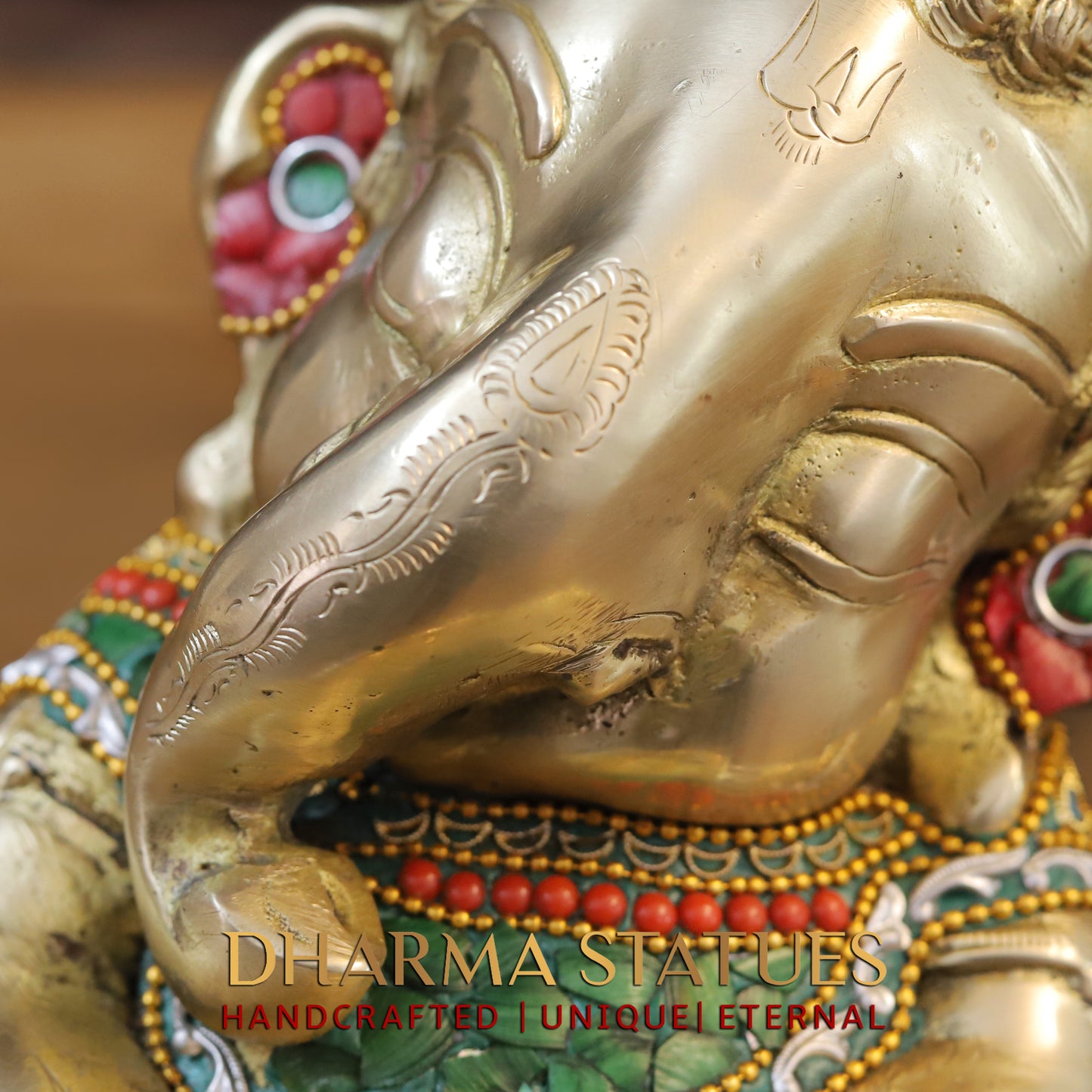 Brass Baby Ganesh seated, Stonework & Golden Finish, 9"