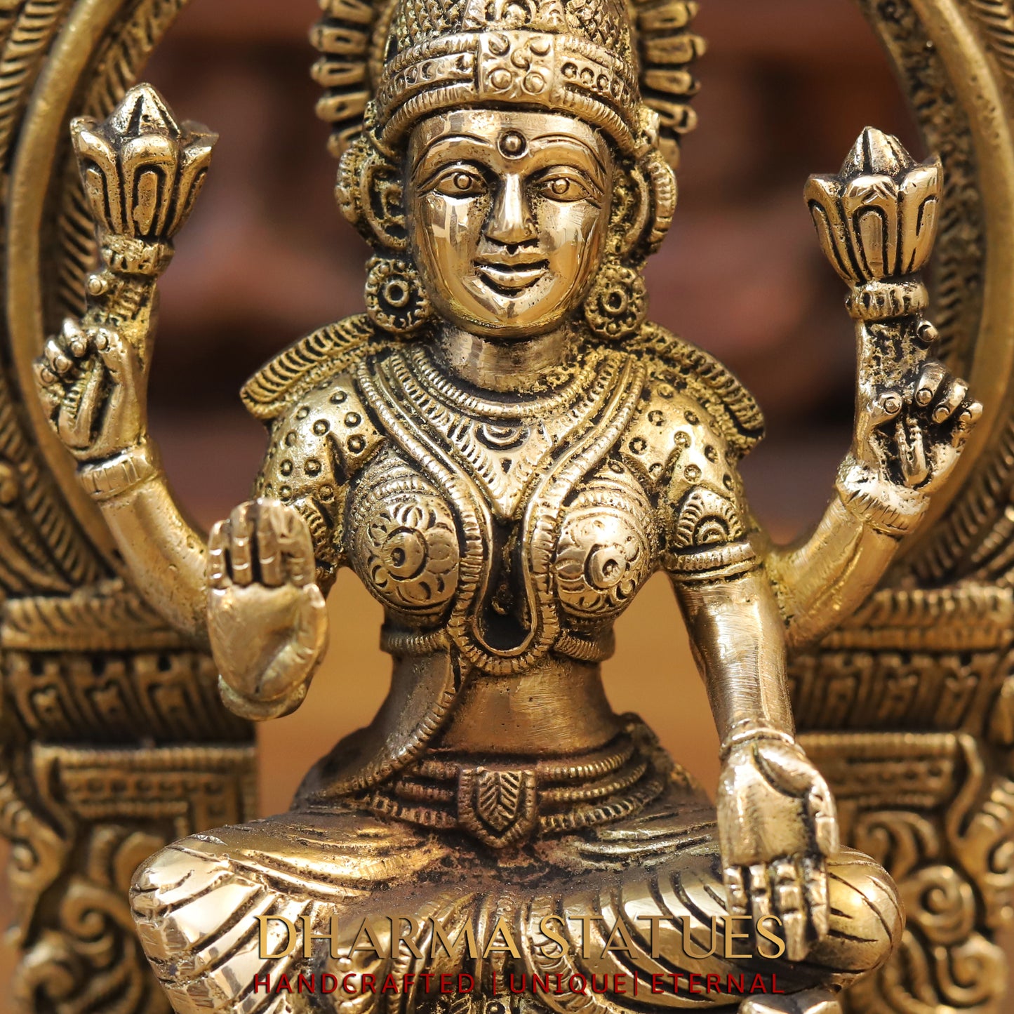 Brass Laxmi seated with Frame, Blessing Posture, Golden Finish, 10"