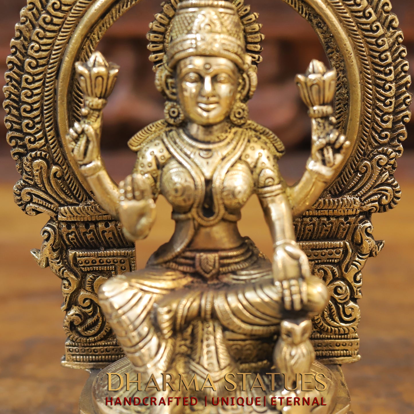 Brass Laxmi seated with Frame, Blessing Posture, Golden Finish, 10"