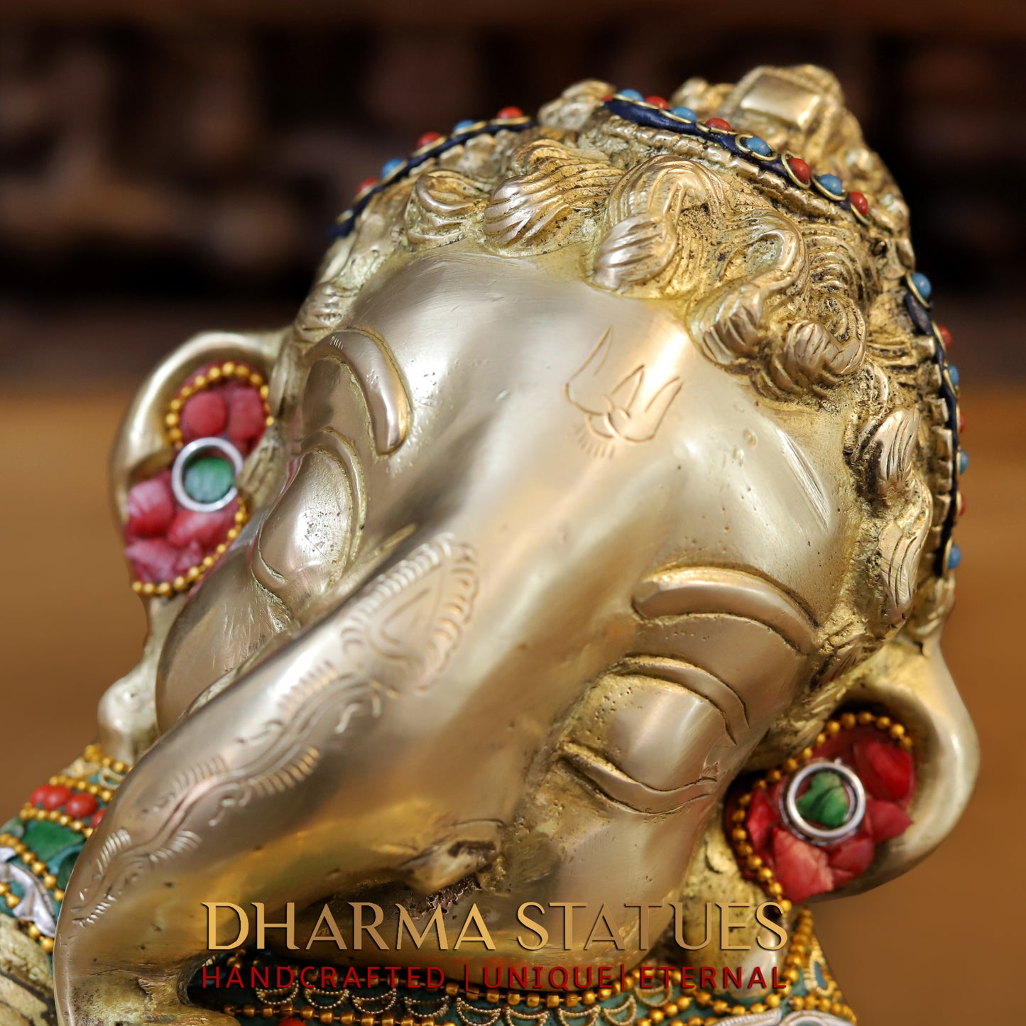Brass Baby Ganesh seated, Stonework & Golden Finish, 9"