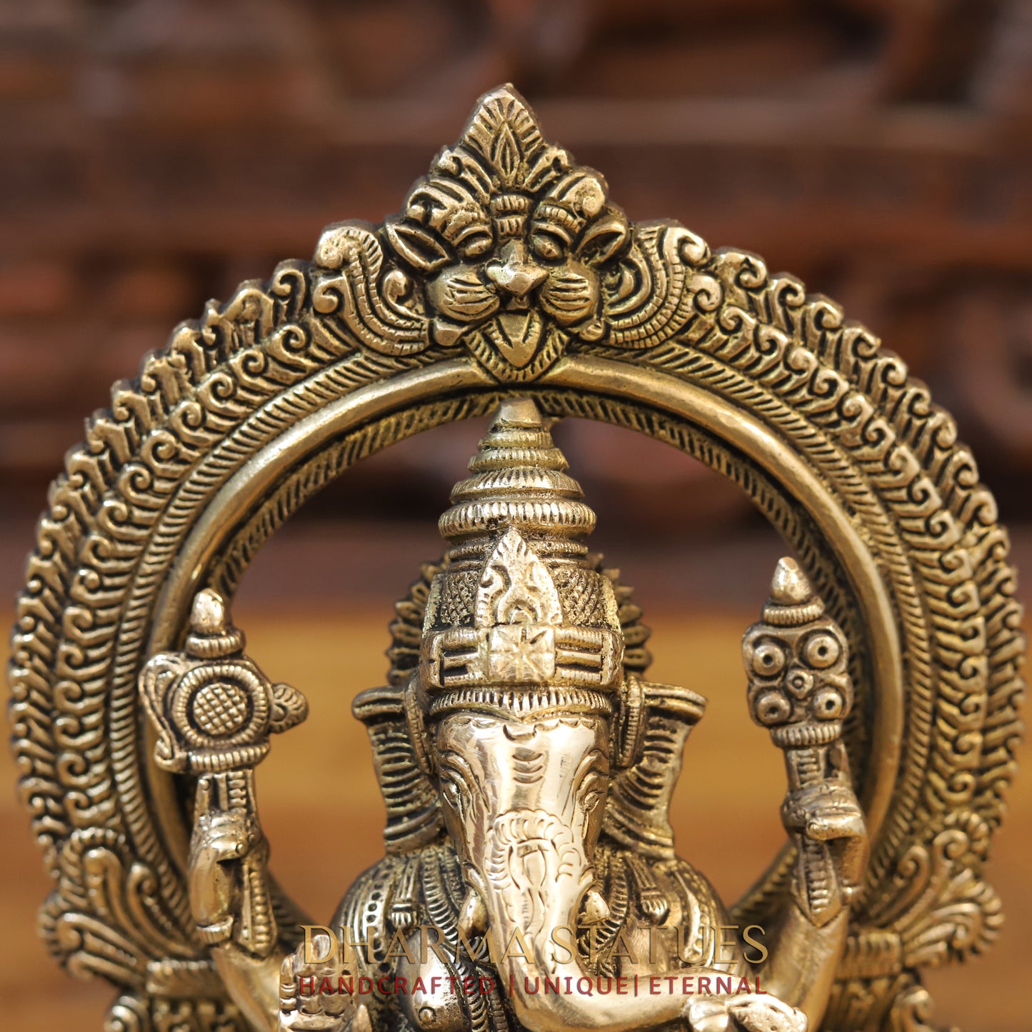 Brass Ganesh seated with Frame, Golden Finish, 10"