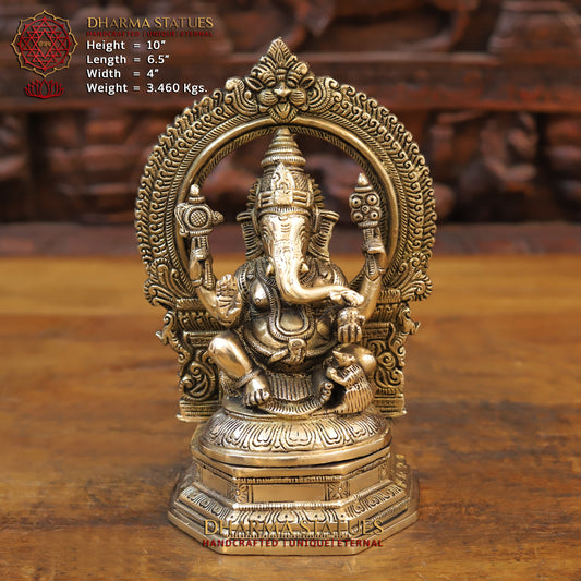 Brass Ganesh seated with Frame, Golden Finish, 10"