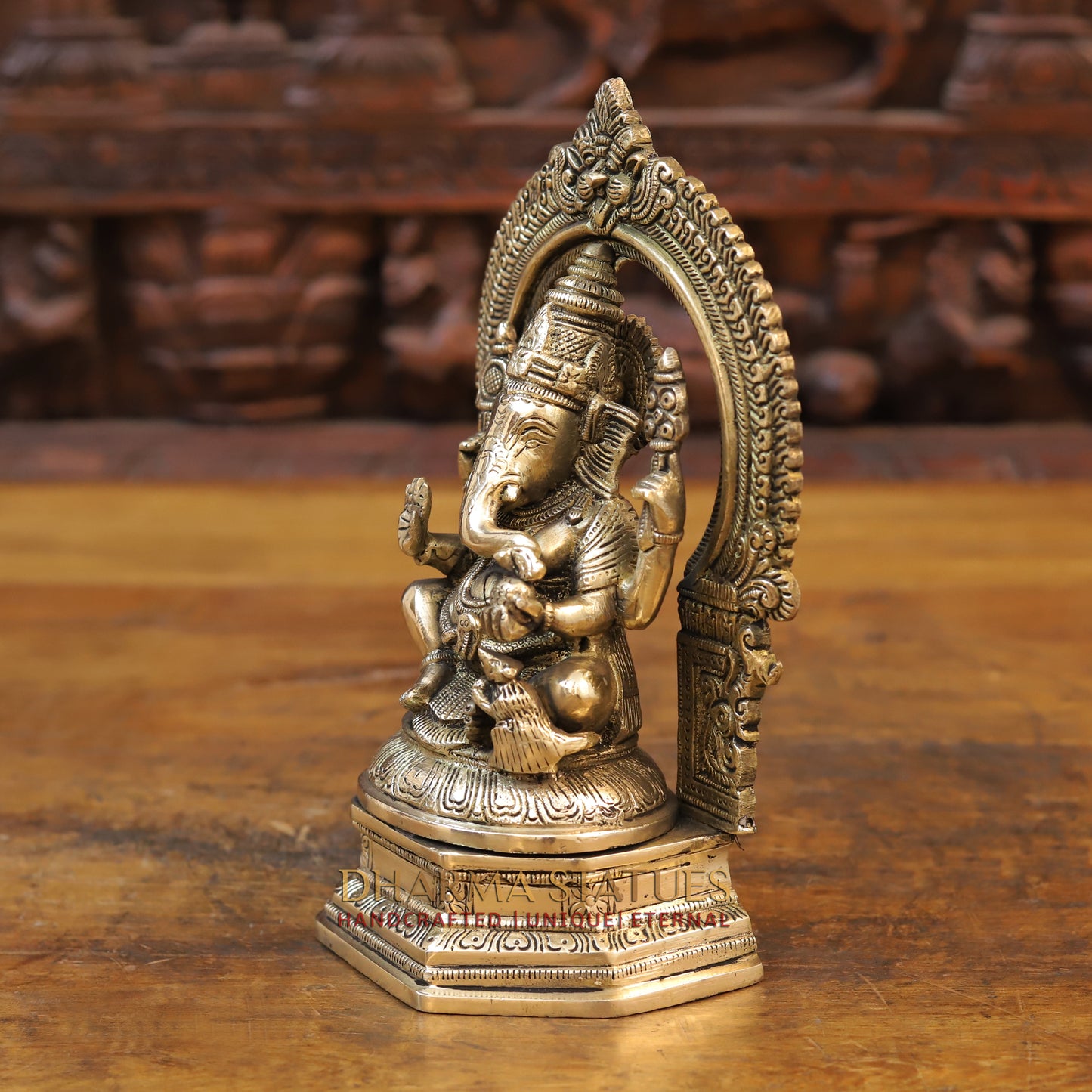 Brass Ganesh seated with Frame, Golden Finish, 10"