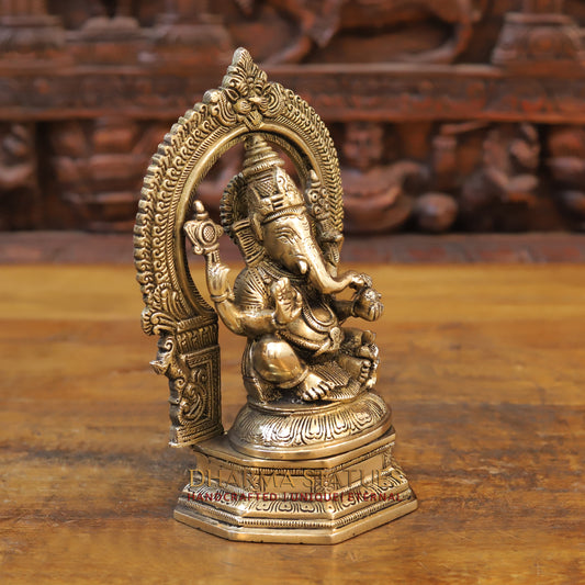 Brass Ganesh seated with Frame, Golden Finish, 10"