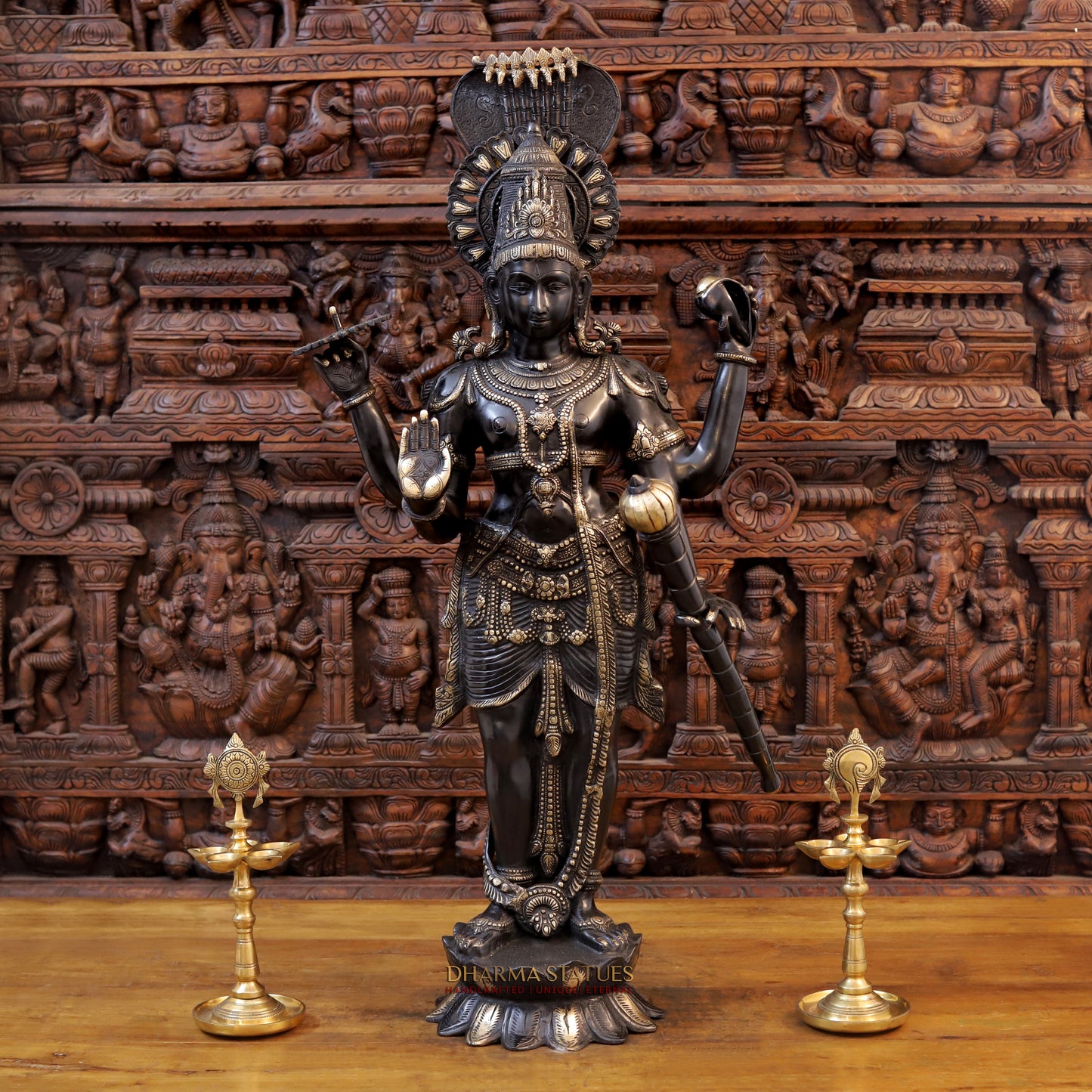 Brass Vishnu standing on Lotus with Sheshnag, Black Patina & Golden Finish, 41"