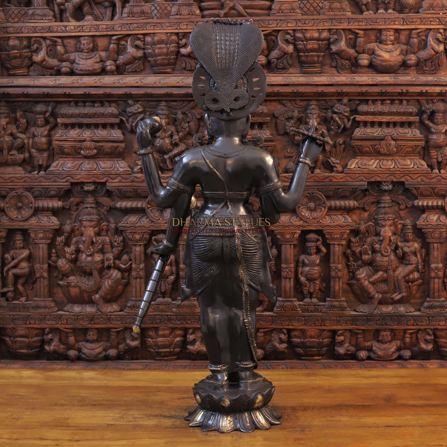Brass Vishnu standing on Lotus with Sheshnag, Black Patina & Golden Finish, 41"
