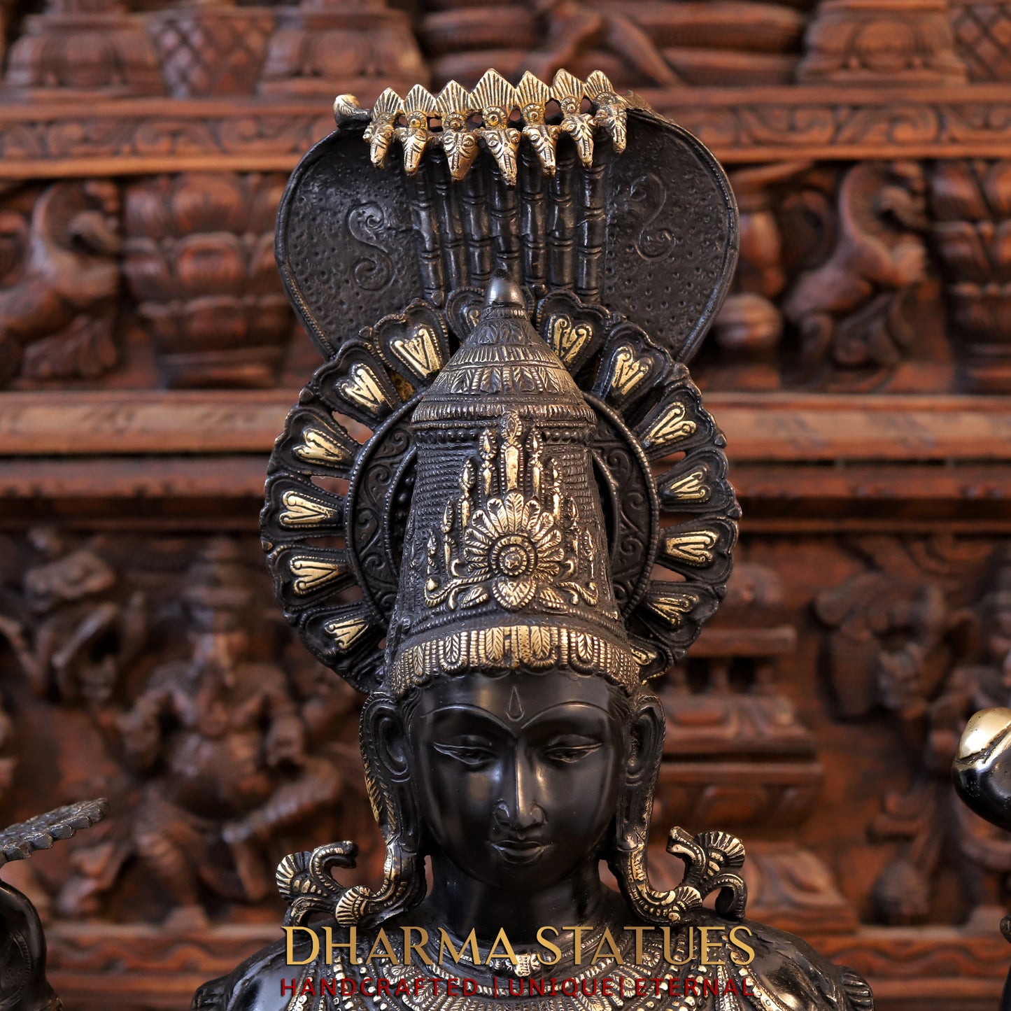 Brass Vishnu standing on Lotus with Sheshnag, Black Patina & Golden Finish, 41"