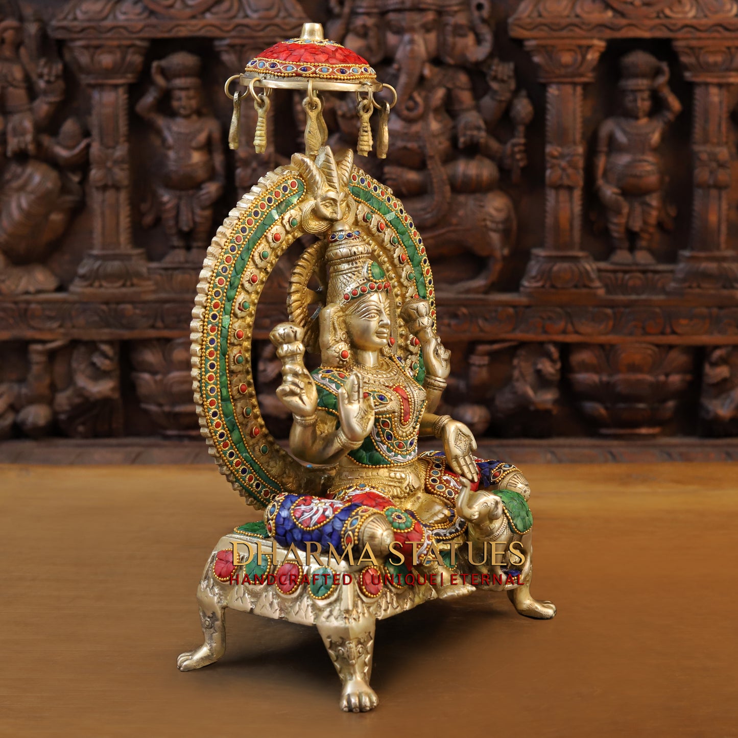 Brass Lakshmi seated on Throne, Stonework & Golden Finish, 18"
