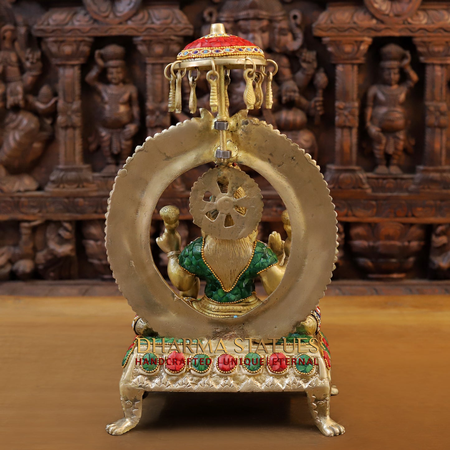 Brass Lakshmi seated on Throne, Stonework & Golden Finish, 18"