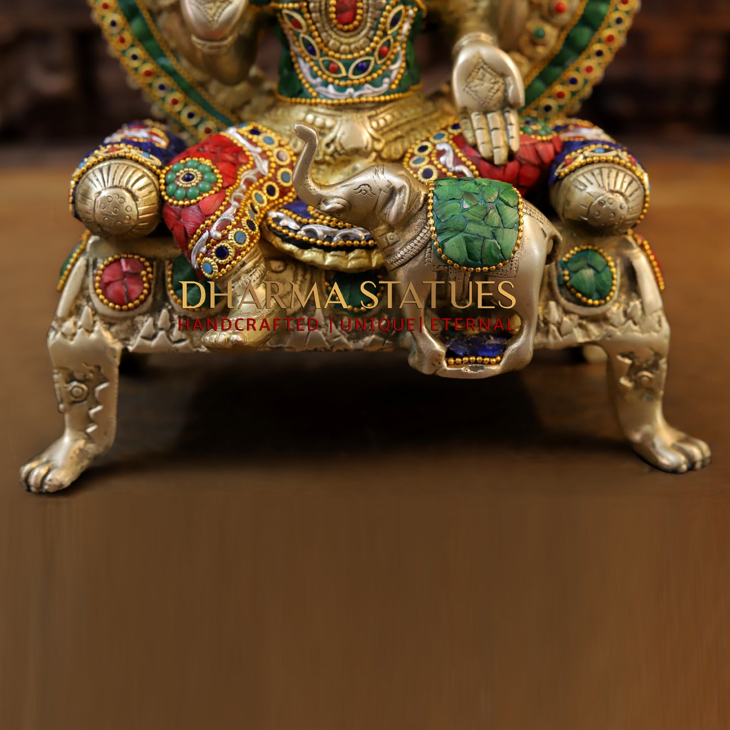 Brass Lakshmi seated on Throne, Stonework & Golden Finish, 18"