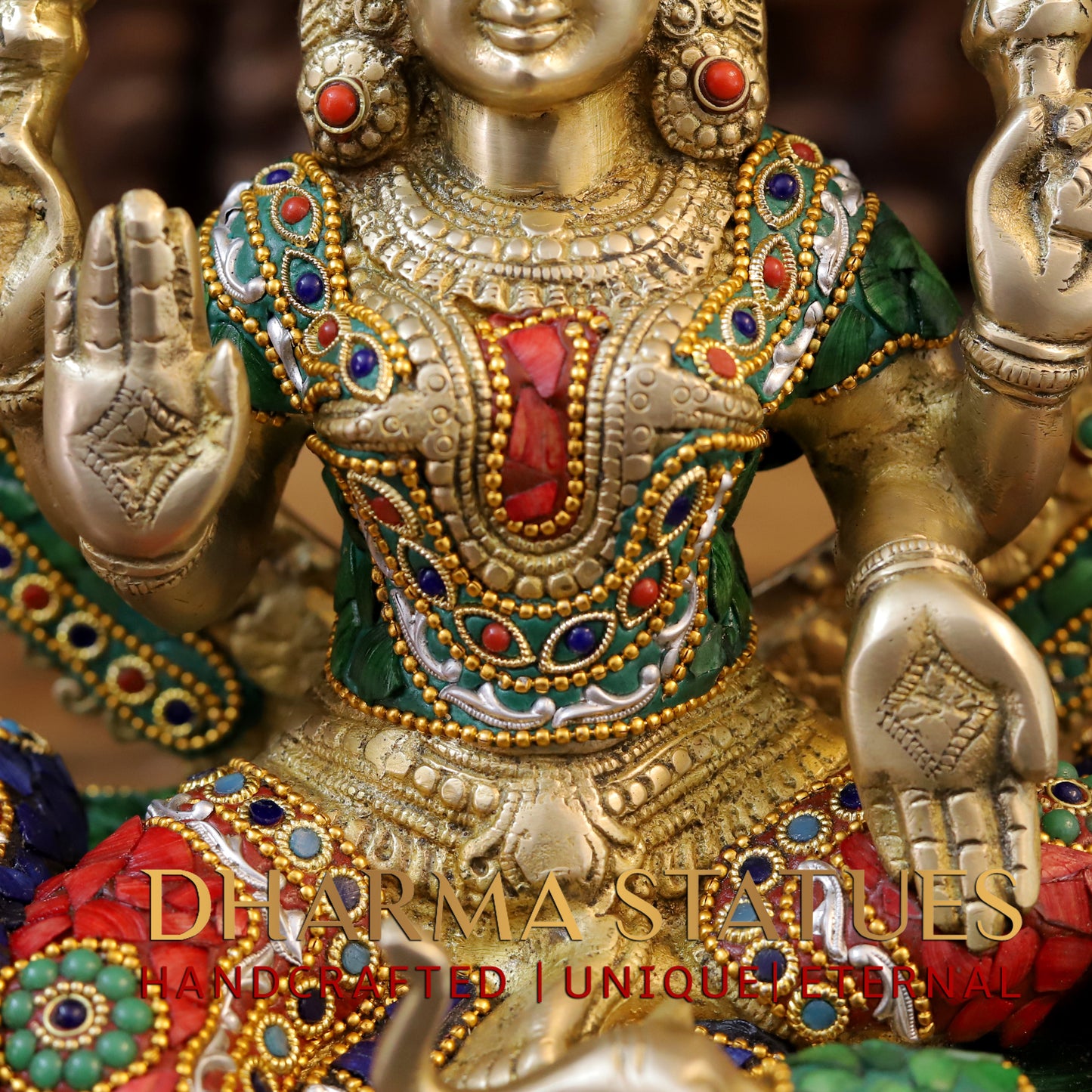 Brass Lakshmi seated on Throne, Stonework & Golden Finish, 18"