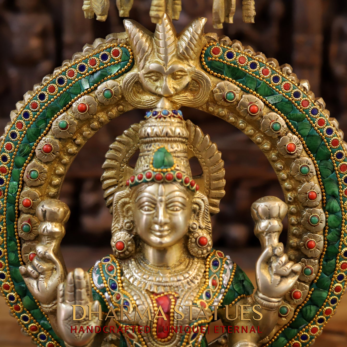 Brass Lakshmi seated on Throne, Stonework & Golden Finish, 18"
