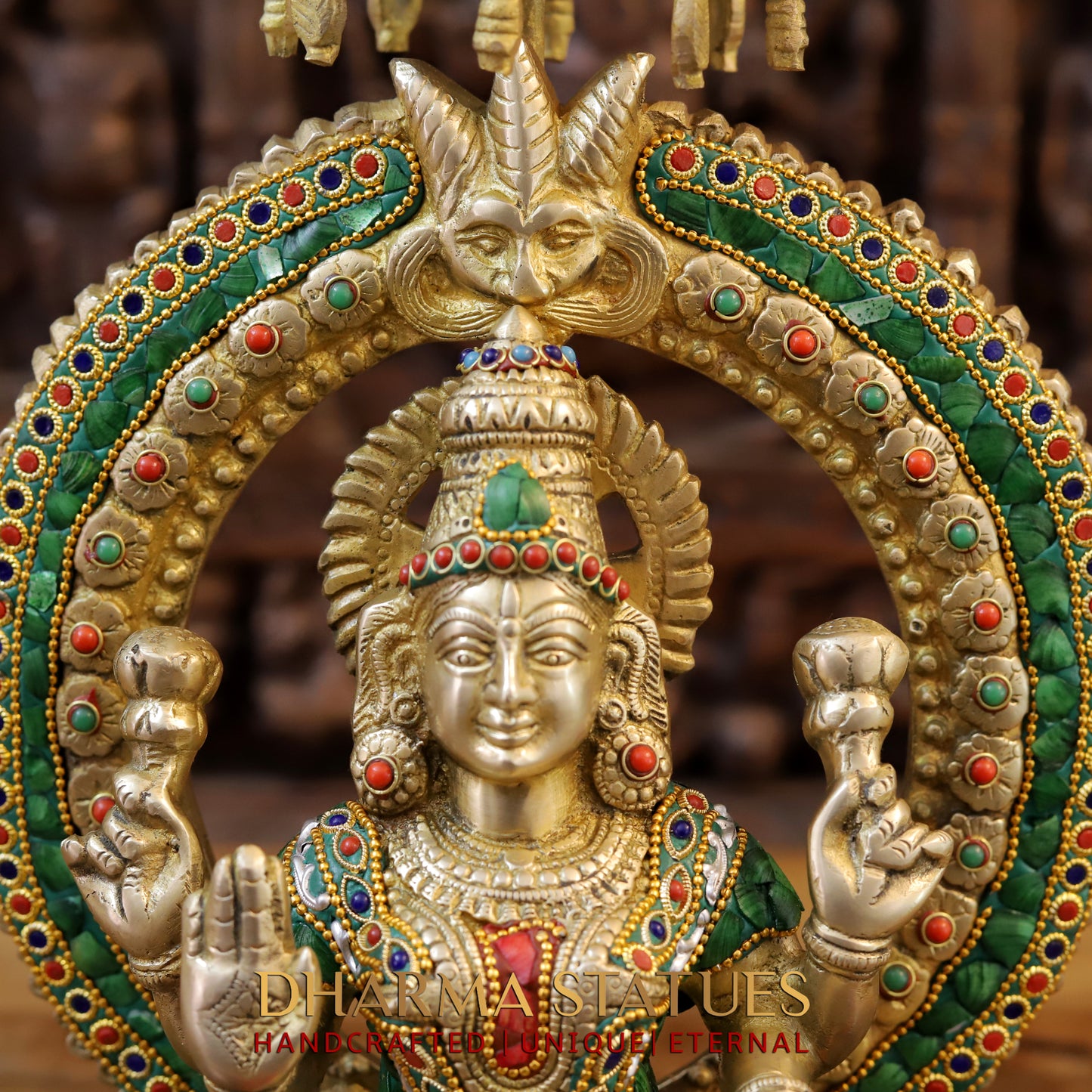 Brass Lakshmi seated on Throne, Stonework & Golden Finish, 18"