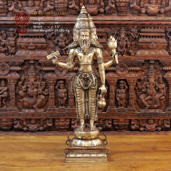 Brass Brahma Standing, Holding Lotus and Kamandal, Smooth Finish, 38.5"