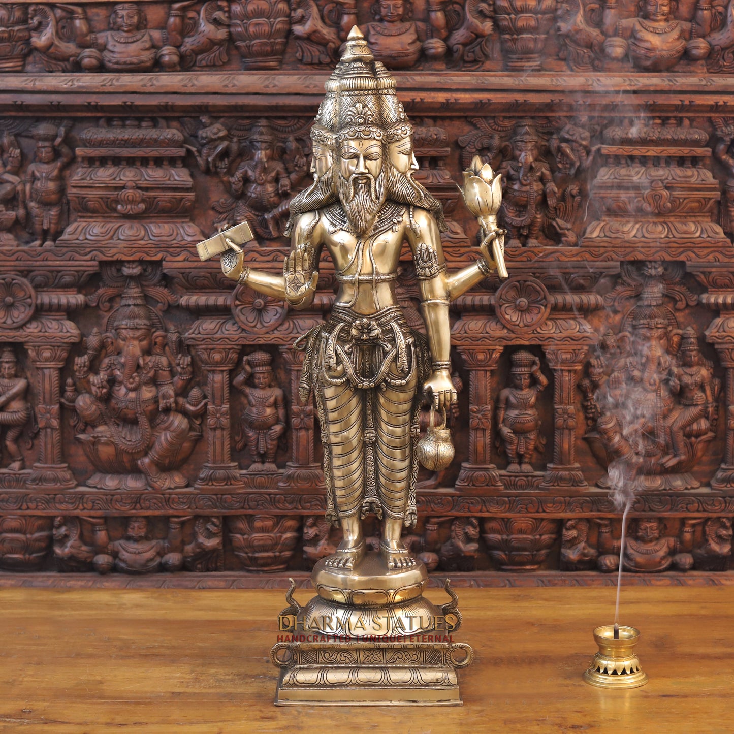 Brass Brahma Standing, Holding Lotus and Kamandal, Smooth Finish, 38.5"