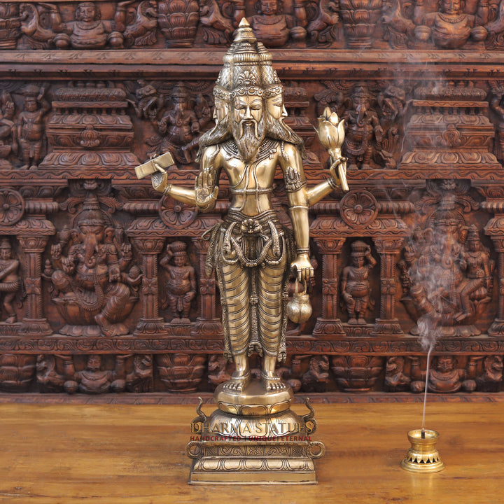 Brass Brahma Standing, Holding Lotus and Kamandal, Smooth Finish, 38.5"